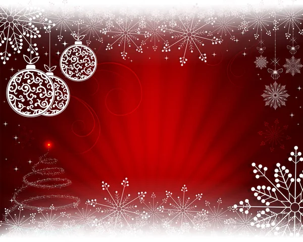 Christmas background in red with rays of light, balls in retro style. — Stock Vector