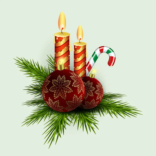 Weihnachtskomposition aus grünen Fichtenzweigen, Kerzen, Stab und weinroten Kugeln mit goldenen Schneeflocken — Stockvektor