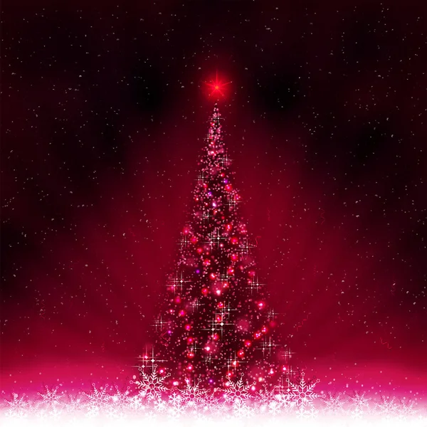 Tarjeta rosa oscuro con brillante árbol de Navidad y copos de nieve blancos . — Archivo Imágenes Vectoriales