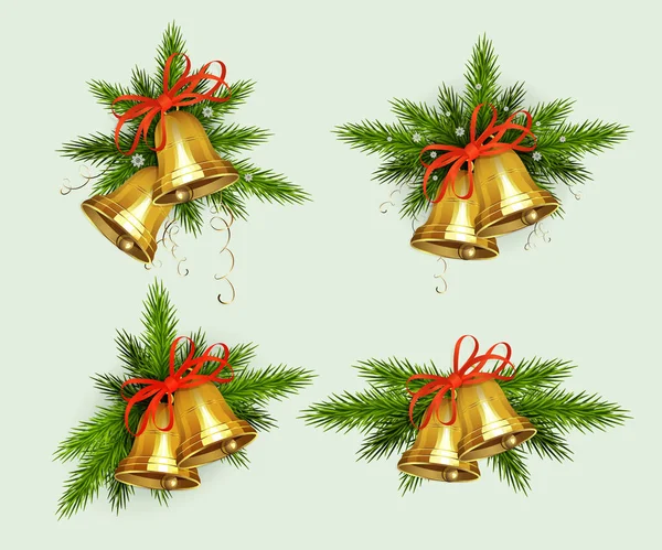Weihnachtskomposition aus fichtengrünen Zweigen mit Schneeflocken und goldenen Glocken, Designelement. — Stockvektor