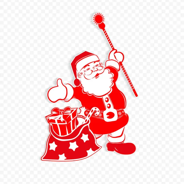 Patrón blanco rojo de Navidad con Papá Noel con bastón y una bolsa con varios regalos . — Vector de stock