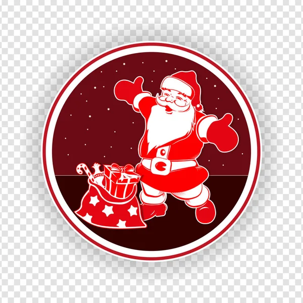 Signo rojo redondo de Navidad con una silueta de Santa Claus con los brazos separados y una bolsa con regalos . — Vector de stock