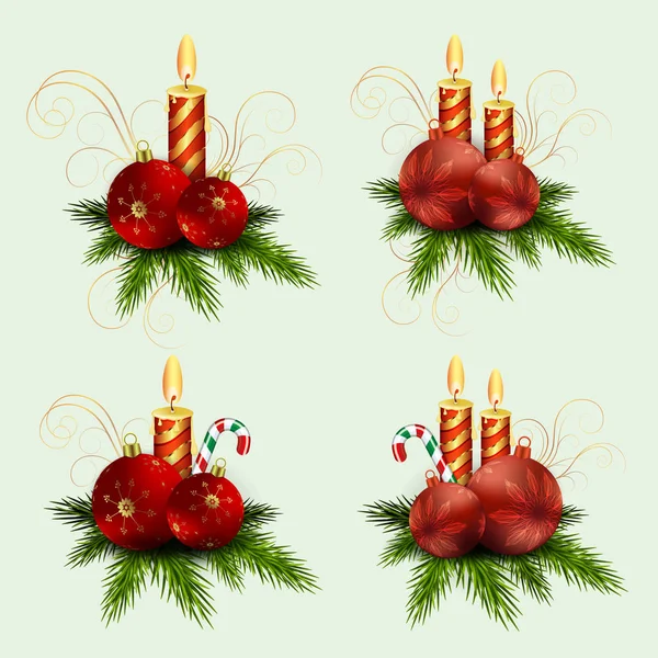 Weihnachtskomposition aus tannengrünen Zweigen, brennenden Kerzen und Kugeln mit Schneeflocken und Stab, Gestaltungselement. — Stockvektor