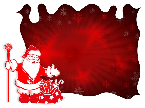 Weihnachtsdesign mit Lichtstrahlen, Weihnachtsmann mit Tasche, wunderschöne Schneeflocken. — Stockvektor