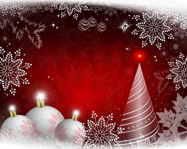 Diseño navideño con rayos de luz, bolas blancas, árbol de Navidad abstracto y magníficos copos de nieve . — Vector de stock