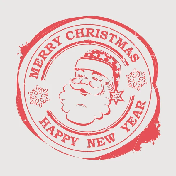 Sello de Navidad con linda cara de Santa Claus con texto y copos de nieve . — Vector de stock