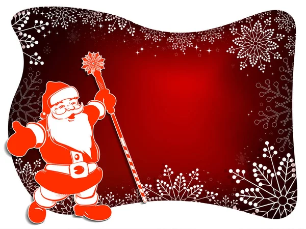Design natalizio con Babbo Natale, cornice bianca, brillantini e graziosi fiocchi di neve bianchi . — Vettoriale Stock