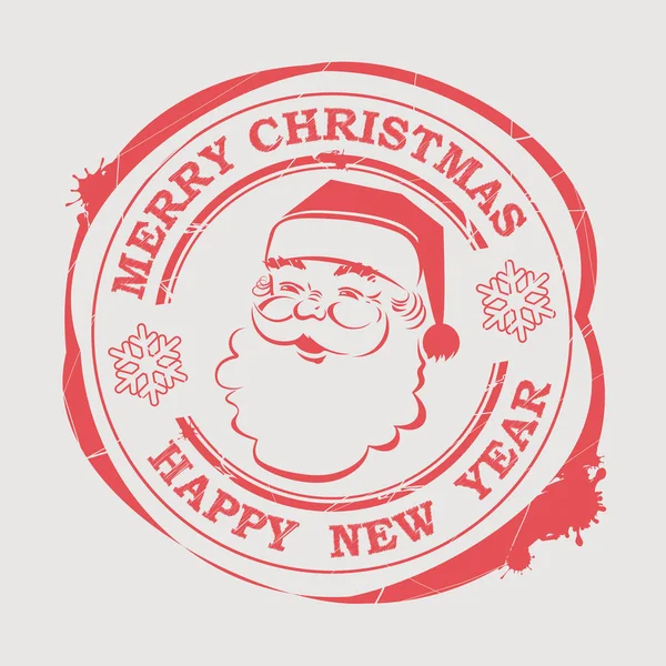 Sello navideño con cara de Papá Noel con texto y copos de nieve — Vector de stock