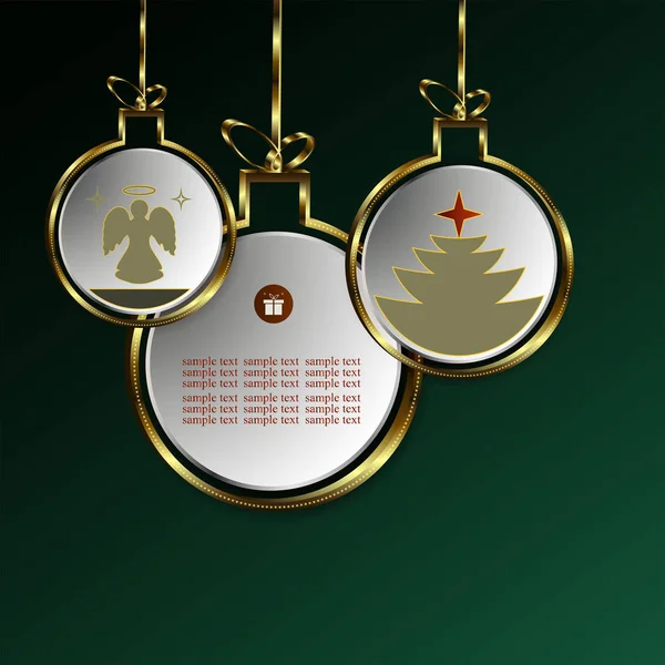 クリスマス グリーン ボールのクリスマス ツリーと金枠と天使のシルエットを使用した描画. — ストックベクタ