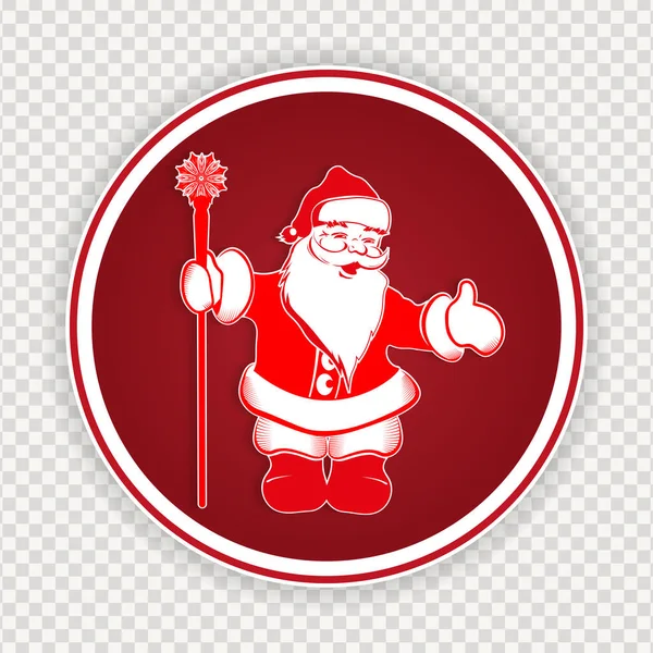 Emblema redondo con silueta roja blanca de Santa Claus con bastón con copo de nieve, elemento para el diseño . — Vector de stock
