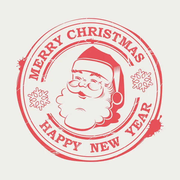 Sello redondo de Navidad con Santa Claus con texto y copos de nieve , — Vector de stock