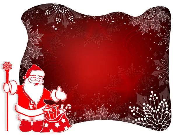 Christmas background with Santa Claus with a staff and a bag, white curly frame and graceful snowflakes. — Stock Vector