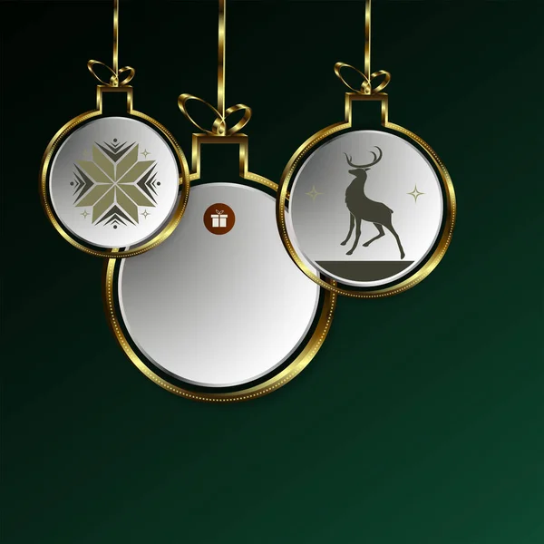 Weihnachtsdesign aus abstrakten Kugeln mit goldenem Rand, mit Silhouetten von Schneeflocken und Hirschen. — Stockvektor