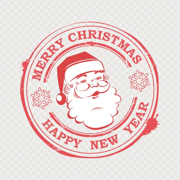 Sello de Navidad con silueta de Papá Noel lindo con texto y copos de nieve — Vector de stock