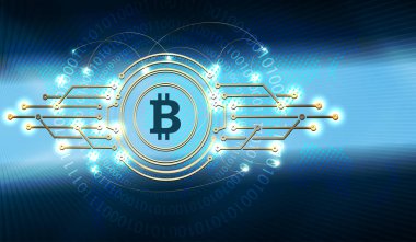 Kıtalar silüeti ve bir sayı kümesi ile bitcoin işaretiyle mavi tasarım.