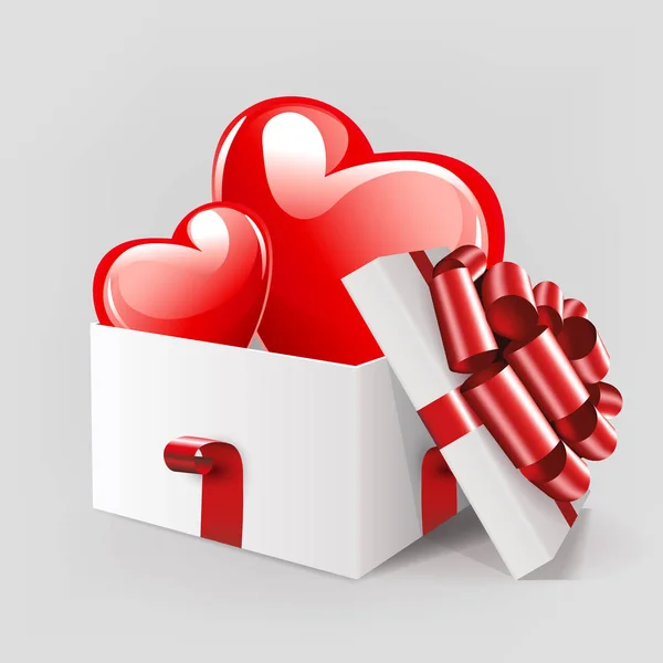 Composición con la silueta de una caja blanca con un lazo rojo y con dos corazones grandes dentro , — Vector de stock