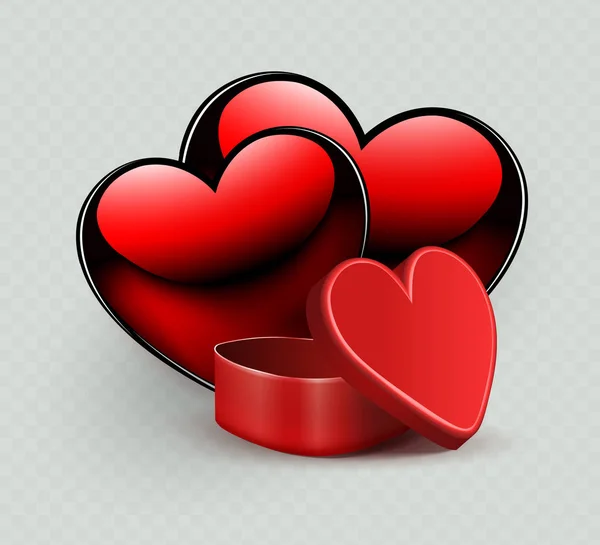 Komposition mit einem roten Sarg und der Silhouette zweier Herzen, — Stockvektor