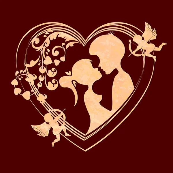 Composition avec une silhouette de coeur avec un Cupidon et amoureux garçon et fille avec une queue de cochon . — Image vectorielle