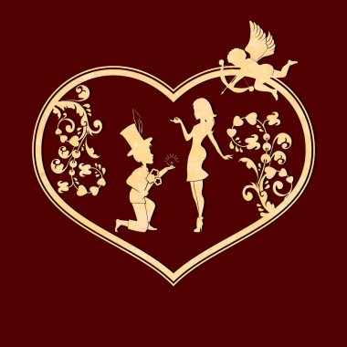 Bir cupid ile bir kalp silueti ile oluklu kompozisyon, dizlerinin üzerinde bir erkek ve kızlar,