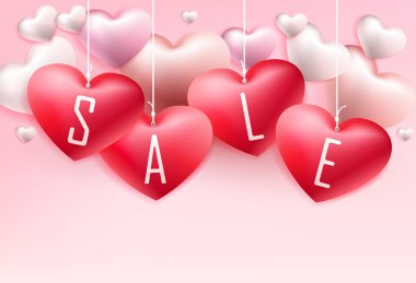 Birçok kalp bir dize ve metin satış üzerinde asılı hafif pembe kompozisyon,