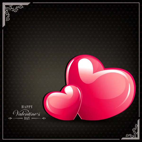 Composição Preta Com Dois Elegantes Corações Vermelhos Brilho Cartão Saudação — Vetor de Stock