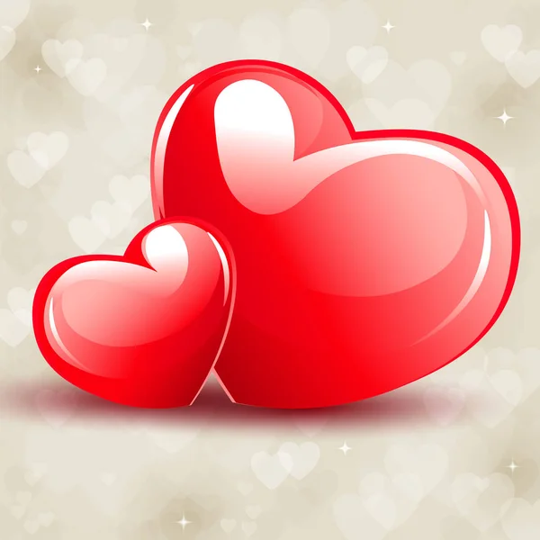 Μπεζ σύνθεση με δύο κομψά κόκκινες καρδιές και γκλίτερ, — Διανυσματικό Αρχείο