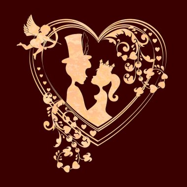 Composition with a silhouette of the heart with a cupid and lovers boy and girl in the crown,