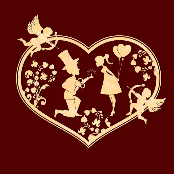 Composizione ondulata con la silhouette del cuore, un ragazzo in ginocchio con un cappello e una ragazza con palloncini — Vettoriale Stock