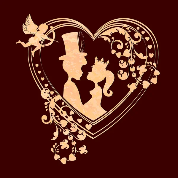 Composición con una silueta del corazón con un Cupido y amantes chico y chica en la corona , — Vector de stock