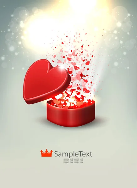 Light, bright composition with a red box, lots of hearts and glitter, — Stock Vector