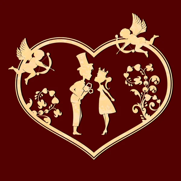 Textura composición con una silueta de un corazón con un niño en un sombrero y una niña en una corona , — Vector de stock