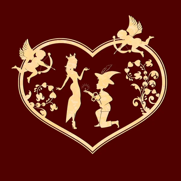 Composizione ondulata con la silhouette di un cuore con un ragazzo in ginocchio e una ragazza in corona — Vettoriale Stock