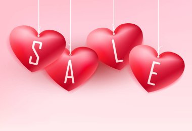 Metin satışı ile bir dantel asılı kalplerin silueti ile Açık pembe kompozisyon,