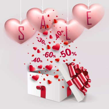 Beyaz kutu ve kalpleri metin satış ile bir dizi hafif pembe kompozisyonu,