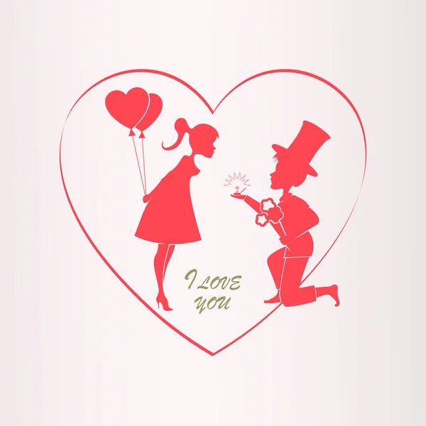 Ilustración con una silueta del corazón, un niño con un sombrero en las rodillas y una niña con globos , — Vector de stock