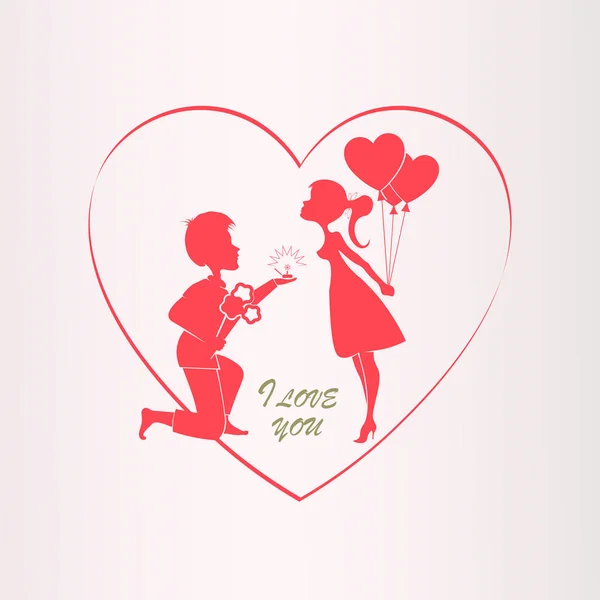 Illustratie met silhouet van het hart, de jongen op zijn knieën en meisjes met ballonnen, — Stockvector