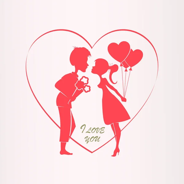 Illustration mit der Silhouette eines Herzens, eines Jungen mit Blumen und eines Mädchens mit Luftballons. — Stockvektor