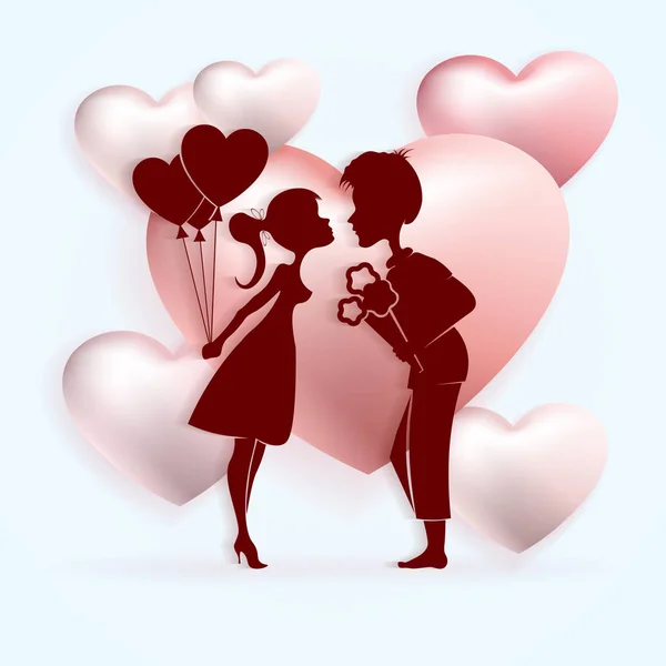 Bir buket çiçek ile bir erkek ve bir kız balonlu silueti ile hafif kompozisyon, — Stok Vektör
