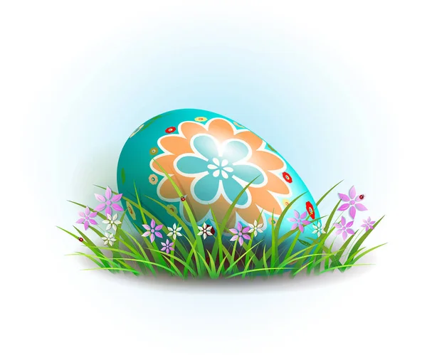 Illustration of easter egg and grass with flowers, design element — Stock Vector
