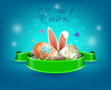 Mavi gölge kompozisyon iki Paskalya yumurtaları, tavşan kulakları ve kelebekler,