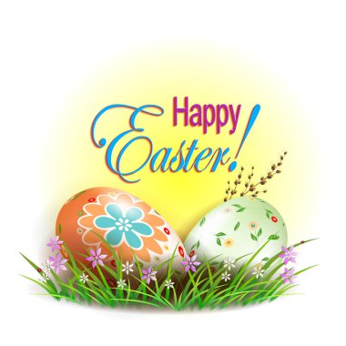 İki yumurta ve bir sepet kamışı-tasarım öğesi Paskalya kompozisyonu