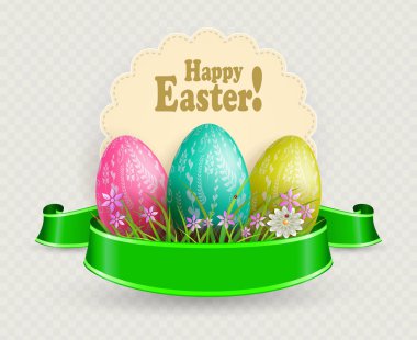Üç Paskalya yumurtaları ve yuvarlak kıvırcık çerçeve kompozisyonu,