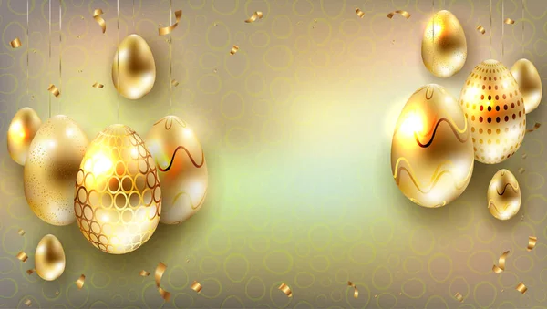 Ostern bunte Lichtkomposition mit glitzernden goldenen Eiern Silhouetten, — Stockvektor