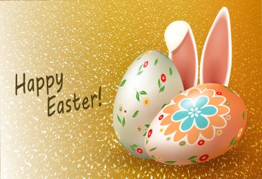 Kompozisyon iki Paskalya yumurtaları ve tavşan kulakları ile altın renk,