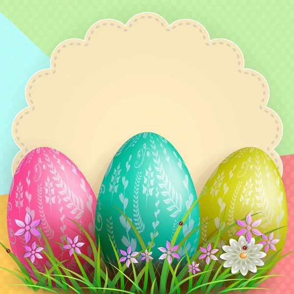 Složení s kudrnatými Kulatý rám, tři velikonoční vajíčka a trávy s květinami, — Stockový vektor