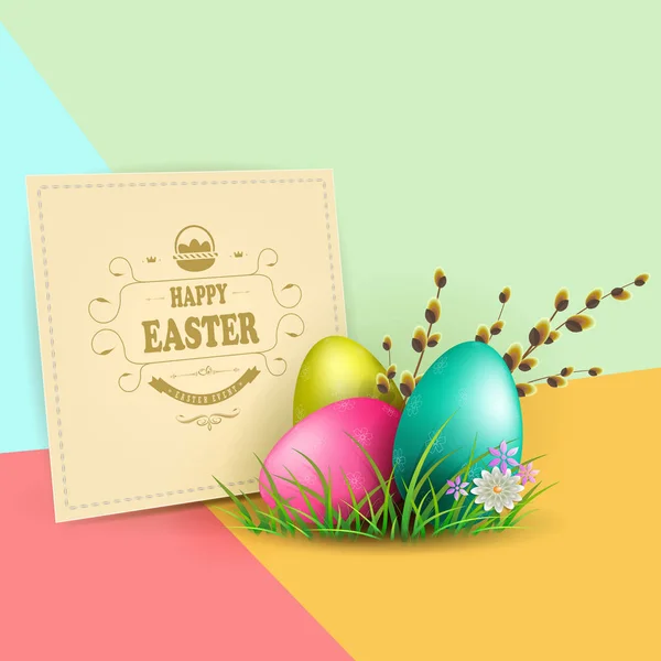 Composition colorée avec un cadre carré, trois œufs de Pâques et une branche de saule , — Image vectorielle