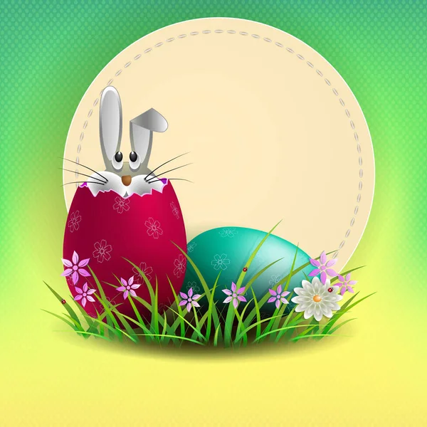 Composition of a light green shade with a round frame and Easter eggs and a rabbit,