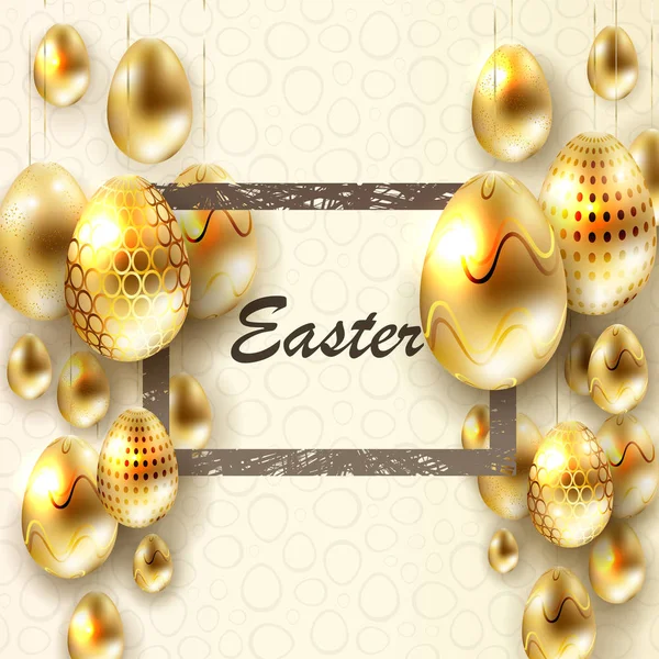 Easter light beige composition with eggs on pendants of brilliant golden hue, — Stock Vector