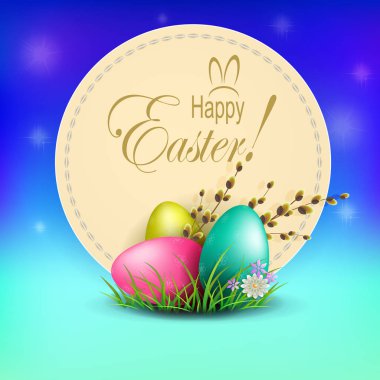 Yuvarlak bir çerçeve ve birtakım Paskalya yumurtaları ve Söğüt dalı ile mavi gölge illüstrasyon,