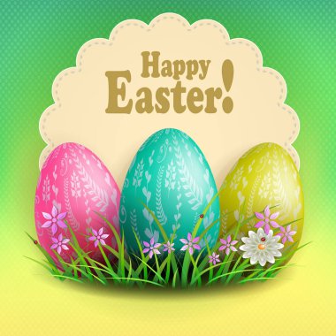 Yuvarlak figürlü çerçeve ile bir ışık yeşil gölge ve üç Paskalya yumurtaları,